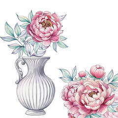 Delicate pink peonies bloom gently from a white vase, surrounded by soft green leaves, showcasing a tranquil and vibrant floral arrangement template, background