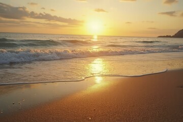 Serene beach at sunset with golden light, calm ocean waves, and soothing atmosphere