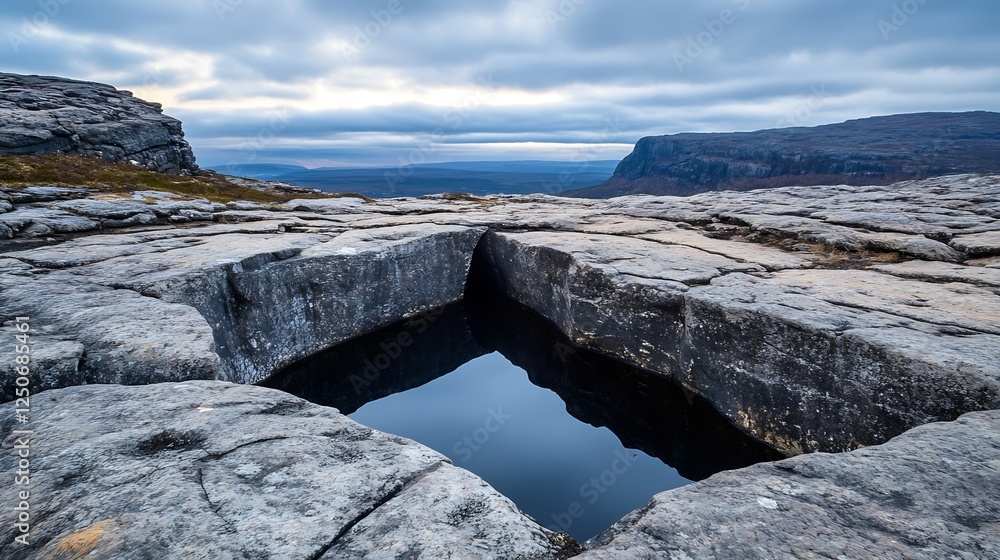 Poster dramatic geological formation with a deep rock pool reflecting the cloudy sky in a rugged landscape 