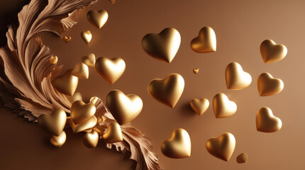 Fototapeta premium Glowing gold hearts floating in the air on a textured brown mocha background.