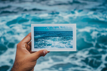 Hand holding a picture of ocean waves against a backdrop of the real sea