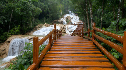 Fototapeta premium Wooden path to jungle waterfall