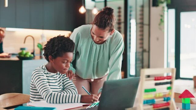 Homework, laptop and child in home with mom for online learning, virtual class and math lesson. Family, abacus and mother helping young boy on computer for assessment, education and knowledge