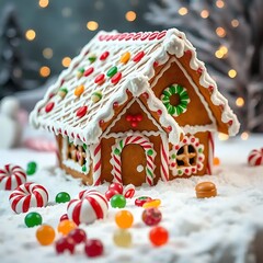 Decorated Gingerbread House Amidst Festive Candy