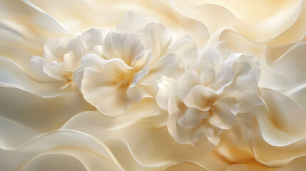 A breathtaking floral backdrop filled with white blossoms in full bloom, their gentle curves highlighted by diffused golden light