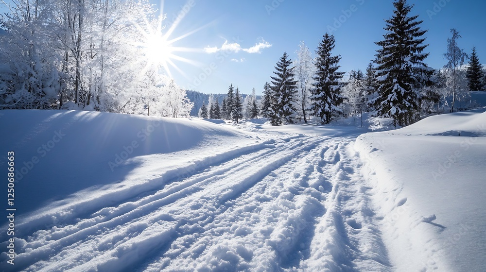 Poster Sunlight streaming through trees covered with fresh snow creating a tranquil winter landscape : Generative AI