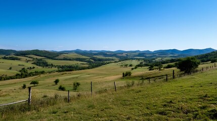 Naklejka premium Expansive green landscape featuring rolling hills and a clear blue sky on a sunny day : Generative AI