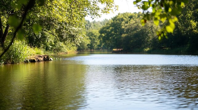 A picturesque scene of a peaceful river flowing gently amidst green trees and fresh foliage : Generative AI