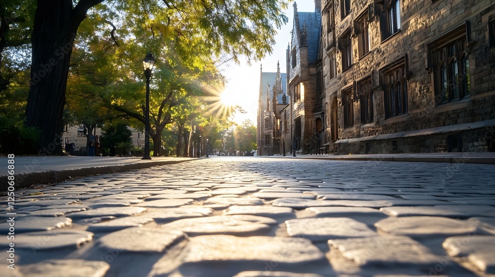 Poster Captivating view of a cobblestone path lined with trees and historic buildings during sunset : Generative AI