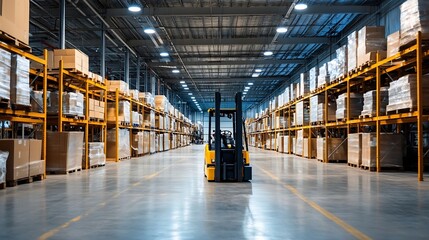 Empty warehouse interior showcasing a forklift poised among rows of neatly stacked boxes : Generative AI