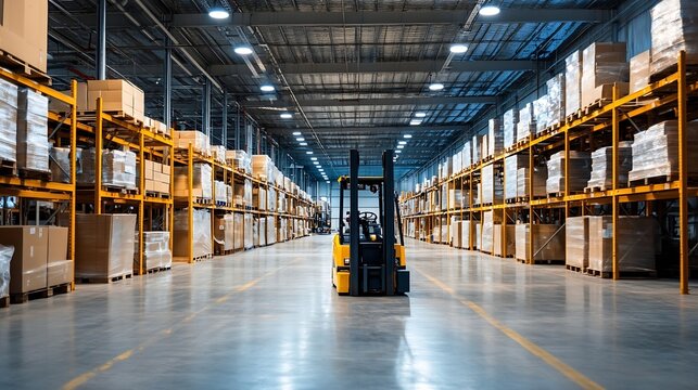 Empty warehouse interior showcasing a forklift poised among rows of neatly stacked boxes : Generative AI