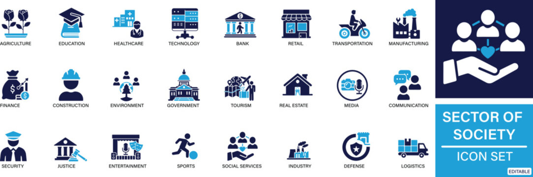 Sector of society icon set agriculture, education, healthcare, energy, technology, transportation, arts, justice You can easily change the color