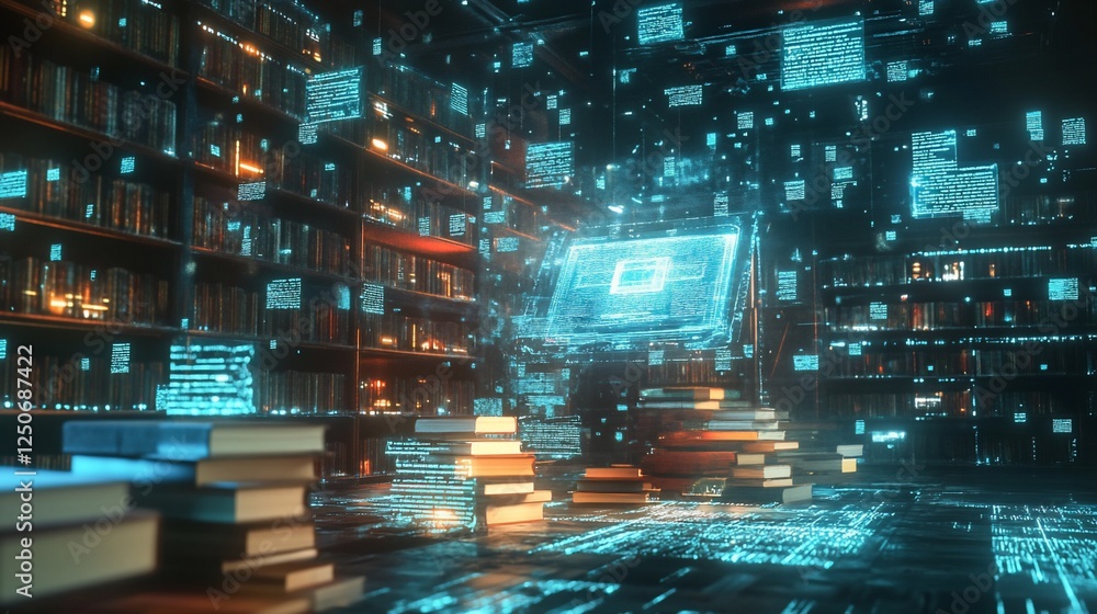Poster futuristic library with digital interface and holographic data overlay on bookshelves