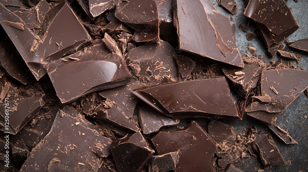 Poster rich dark chocolate shards scattered over a slate surface ready for gourmet recipes : generative ai