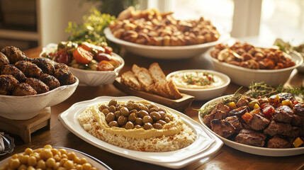 Arabian cuisine flat icons of festive table with kebab, falafels, pita bread with dipping sauces, hummus, rice, pickled green olives and lahmacun with meat and vegetables