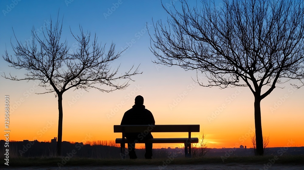 Poster Lonely figure on a bench under bare trees during sunset capturing a moment of reflection and solitude : Generative AI