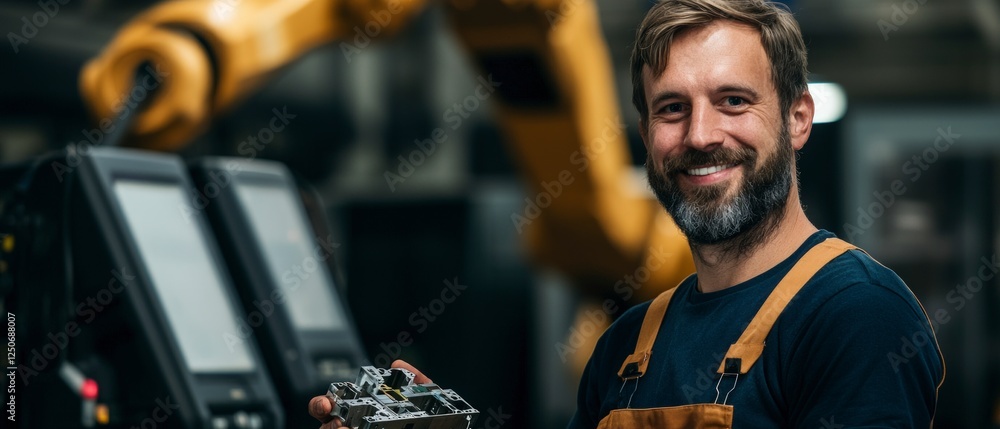 Poster smiling man working in a factory with robotic arm