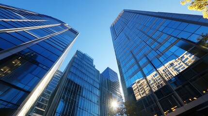 Fototapeta premium Stunning skyscrapers reflecting blue sky and sunlight in a modern urban landscape : Generative AI