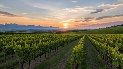 Expansive vineyard landscape during golden hour showcasing rows of grapevines under a colorful sunset sky : Generative AI