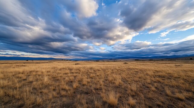 Expansive golden grass field beneath a dramatic sky filled with clouds showcasing nature's quiet beauty : Generative AI