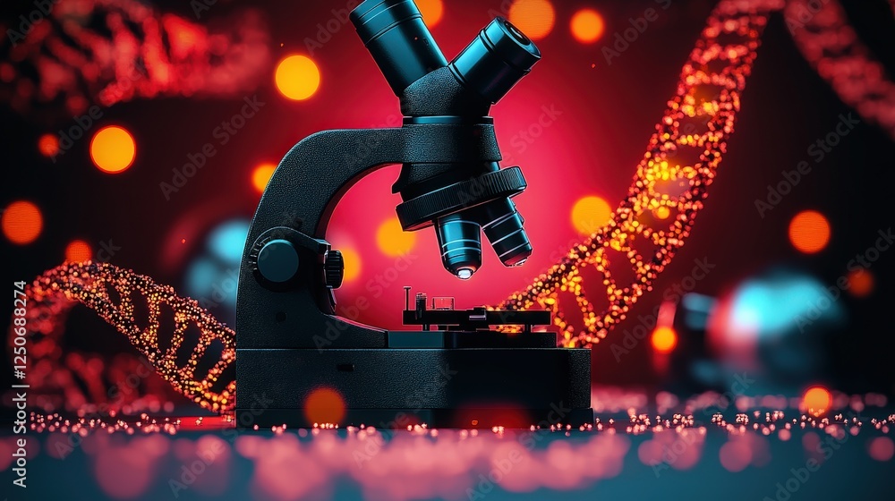 Poster exploring microscopic science with a black microscope and vibrant dna helix