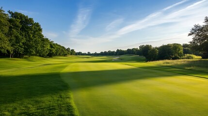 Lush green golf course under a clear blue sky with picturesque trees lining the path : Generative AI