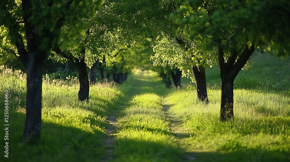 Poster Scenic view of a lush green pathway lined with trees illuminated by warm sunlight in a beautiful landscape : Generative AI