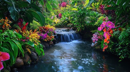Serene Tropical Paradise: A Waterfall's Gentle Cascade Through Lush Foliage and Vibrant Blooms