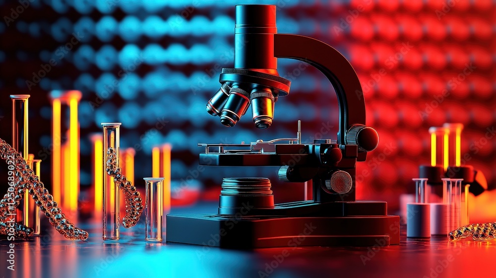 Poster colorful microscope setup with test tubes and chains