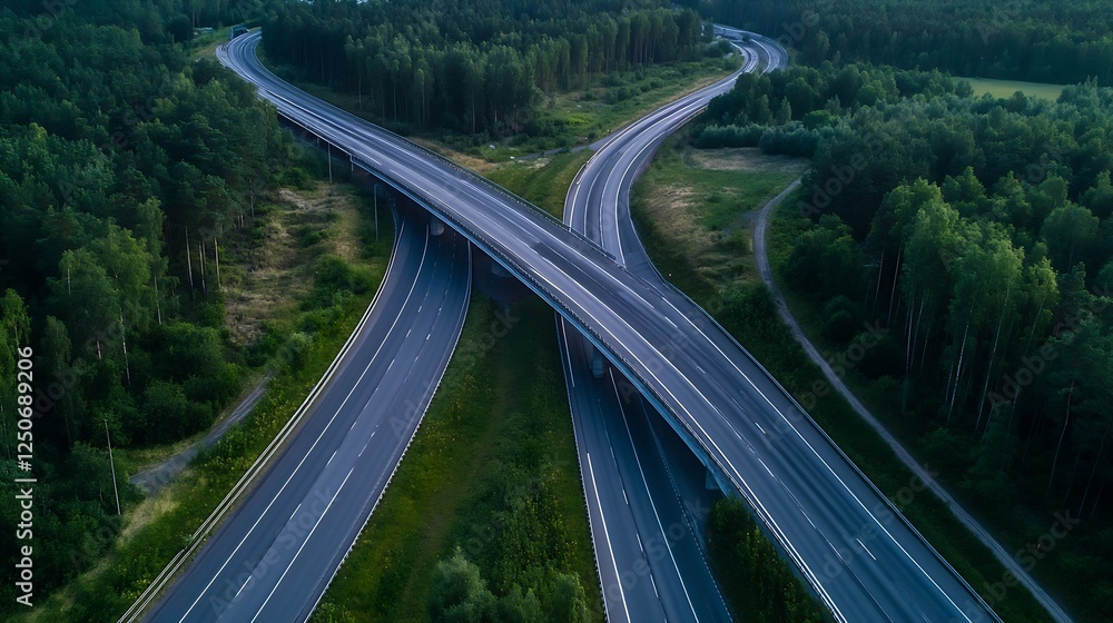 Poster aerial view of a highway intersection depicting modern infrastructure and intricate road design in a