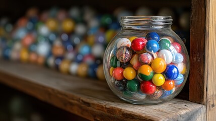 Colorful Glass Marbles in Clear Jar on Wooden Shelf Background