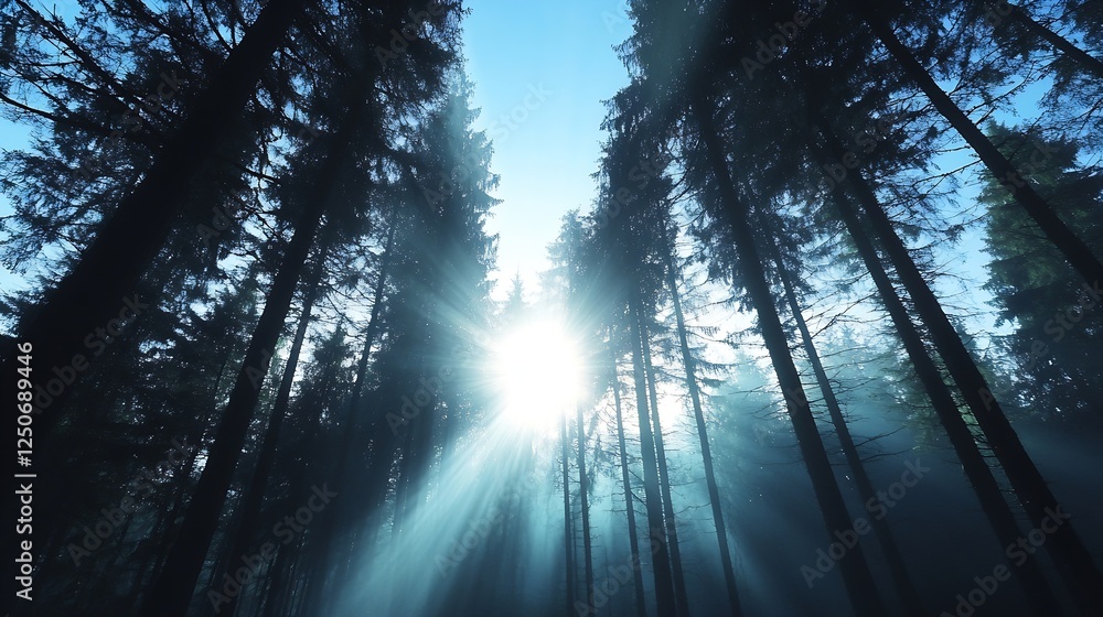 Poster Mysterious Forest with Sun Rays Filtering Through Tall Trees and Mist in the Air : Generative AI