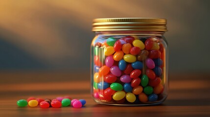 Colorful Jelly Beans in a Clear Jar with Golden Lid on Wooden Surface