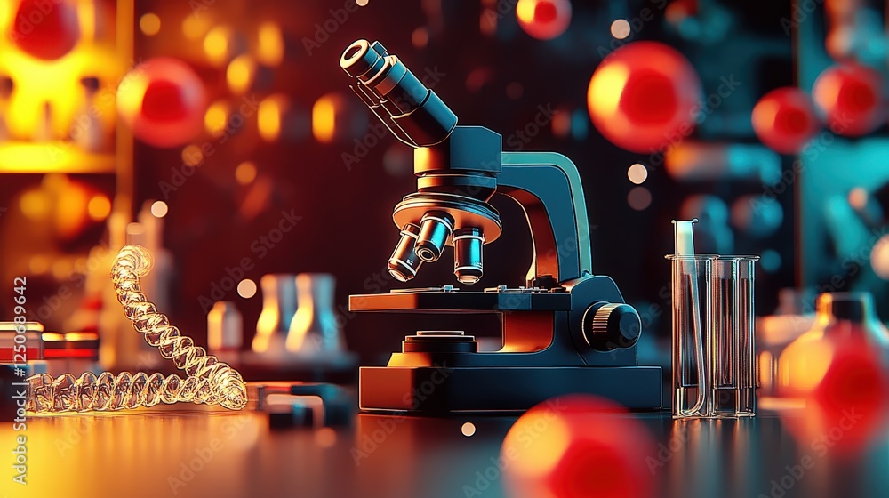 Poster exploring science with a black microscope and vibrant red elements