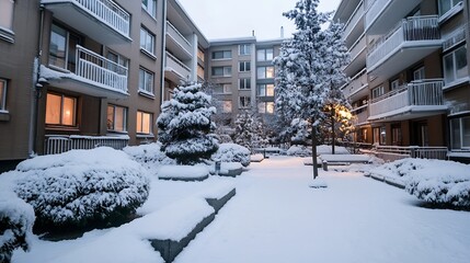 Snow covered courtyard of an apartment building during winter evening with warm lights : Generative AI