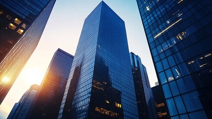 Obraz premium Stunning view of modern skyscrapers showcasing urban architecture against a vibrant sunset sky : Generative AI