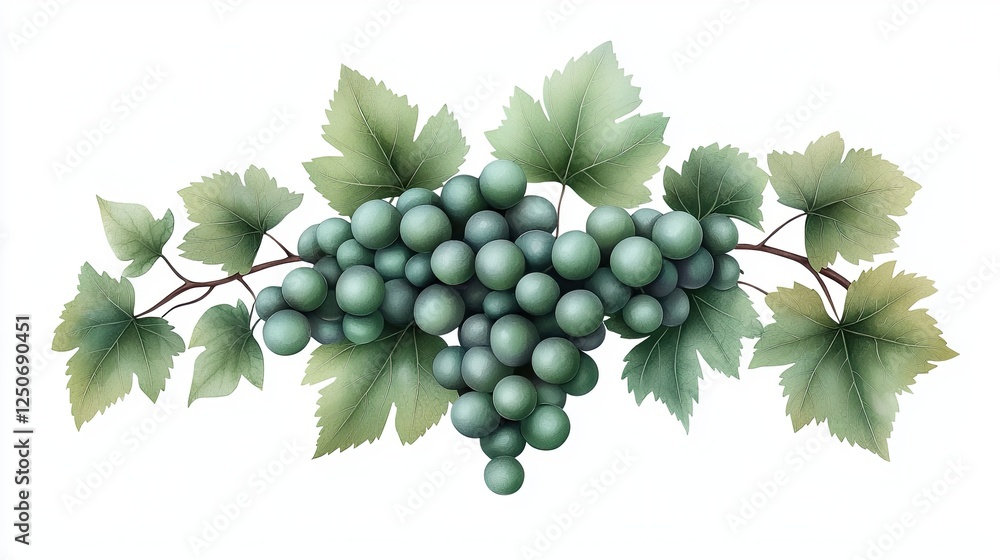 Poster a fresh cluster of green grapes attached to a stem with leaves, lush green grapes cluster with vibra