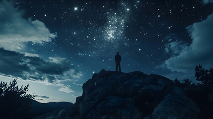 Fototapeta premium Starry Night Solitude: A Man Contemplates the Cosmos from a Mountaintop
