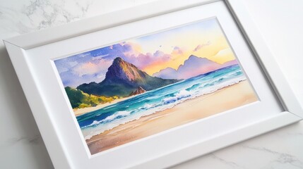 Watercolor Seascape Painting in White Frame, Coastal Artwork for Home Decor