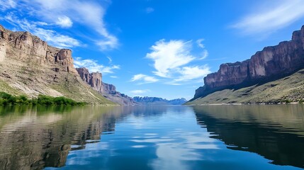 Naklejka premium Breathtaking canyon landscape reflecting in calm blue waters under a clear sky with white clouds : Generative AI