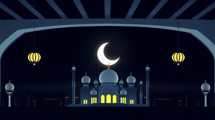 Night Scene of Mosque under Crescent Moon