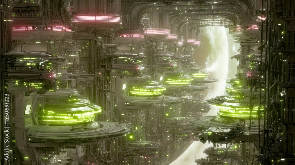 Poster futuristic cityscape with glowing structures and a flowing energy source.