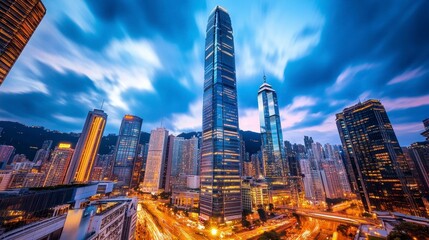 Obraz premium Stunning Skyline of Hong Kong at Twilight with Dramatic Cloud Patterns