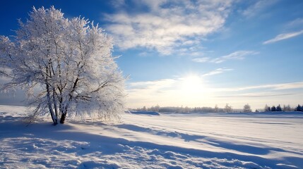 Stunning winter landscape showcasing a frosty tree under a bright blue sky with sunlight shining through : Generative AI