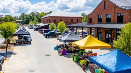 Vibrant Outdoor Market with Colorful Tents and Blooming Plants
