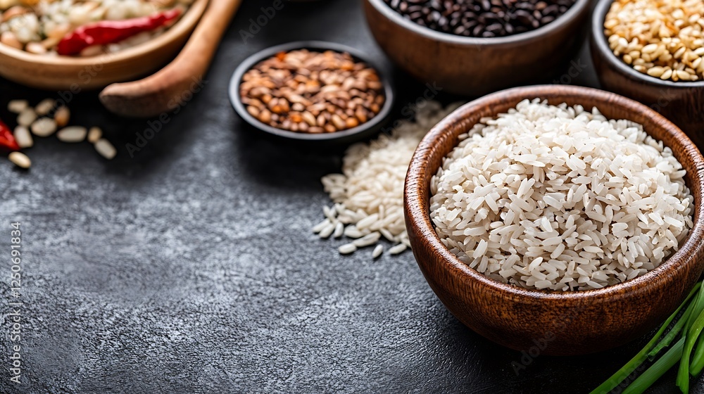 Poster artisan assortment of various grains including rice pulses and seeds arranged beautifully on a dark 