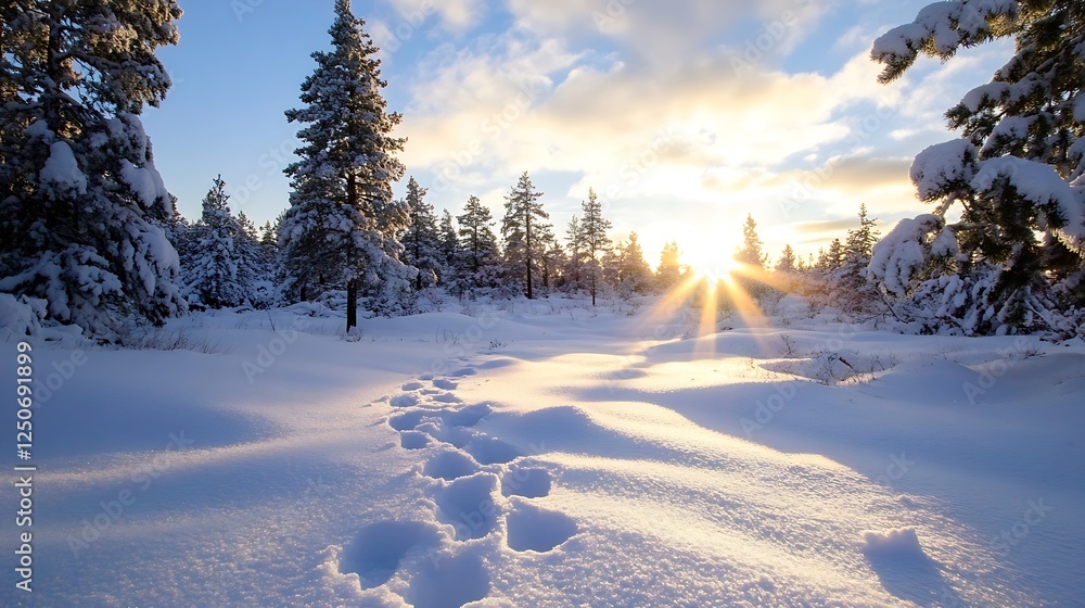 Aufkleber stunning winter landscape with sun rays shining through snowcovered trees in tranquil setting : gene