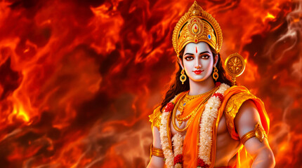Fototapeta premium lord rama with fiery background symbolizing righteousness, courage, and divine strength in hindu mythology, a powerful representation of dharma
