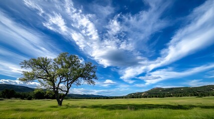Majestic Landscape with a Lone Tree Under Dramatic Clouds and Blue Sky : Generative AI