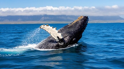 Obraz premium Majestic Humpback Whale Breaching the Surface of Clear Blue Ocean Water : Generative AI